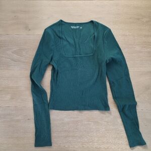 Abercrombie Green Ribbed Square Neck Long Sleeve